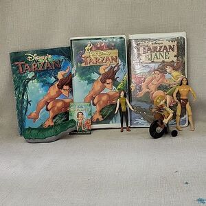 Disney Tarzan and Tarzan & Jane vhs movies, Tarzan figure,book other figures